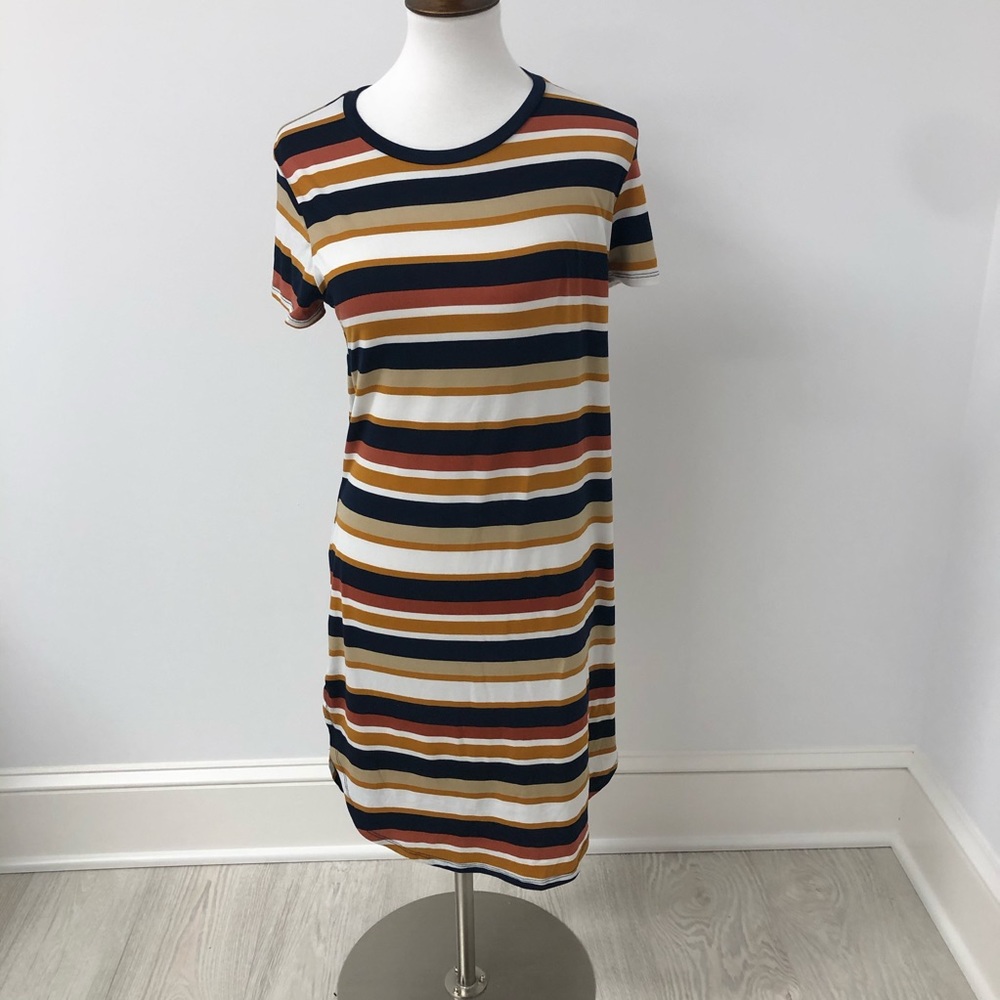 A blue,white,brown striped long dress
